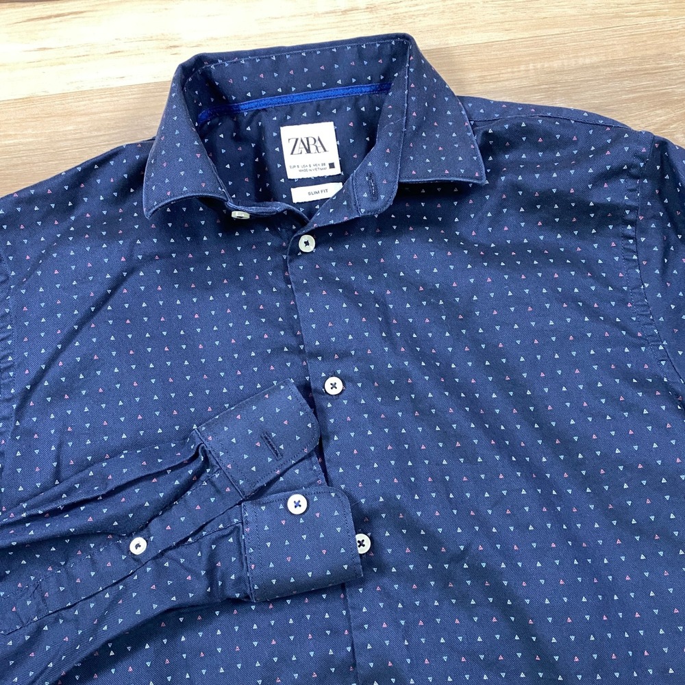 Zara Button Up Shirt Men S Minimalist Cotton Slim Fit Navy Blue Geometric Office